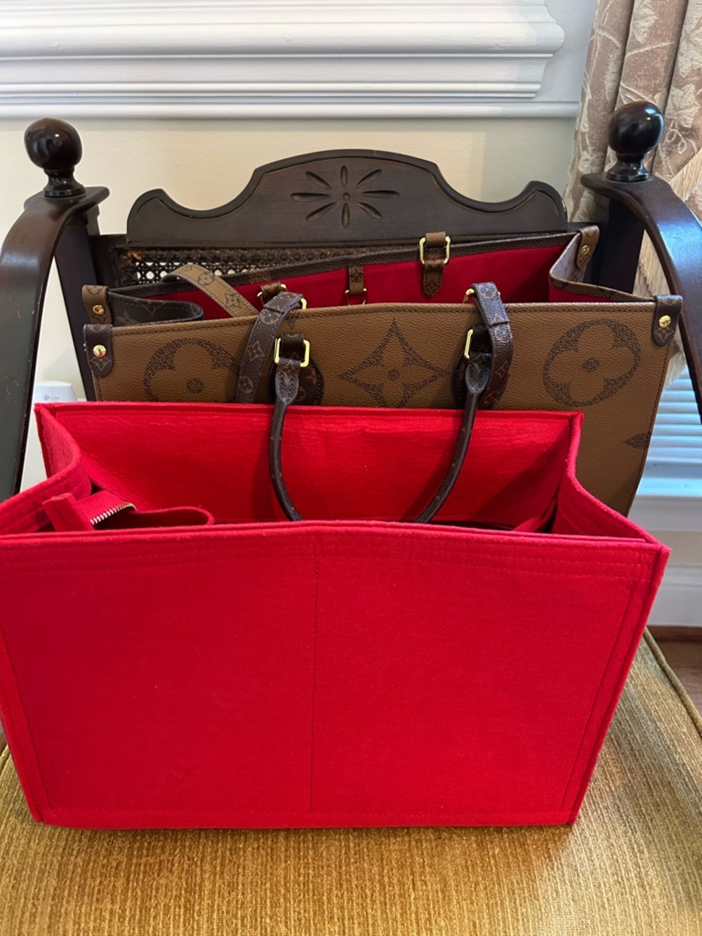 Monogram-Pattern Brown Tote with Red Interior - Picture 6 of 6